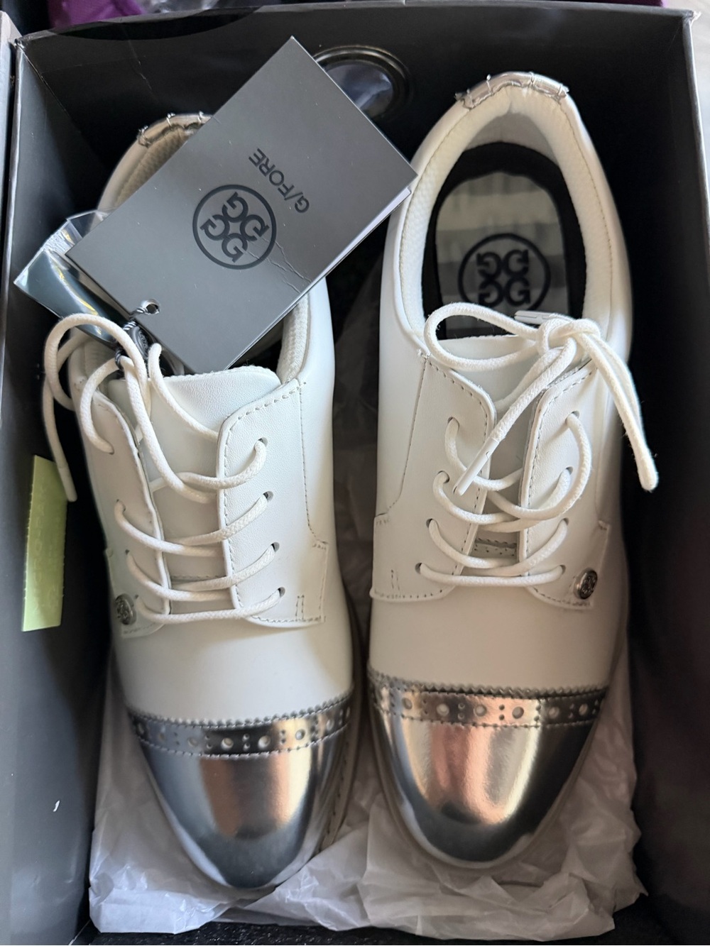 G/FORE White and Silver Metallic Cap-Toe Golf Sneakers
